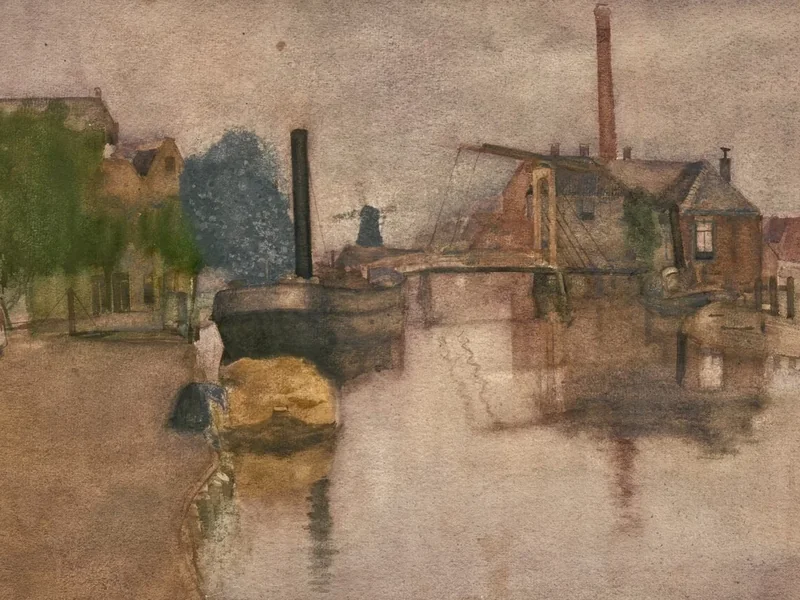 1867-Jacobus Reijenga - Veduta di un canale con ponte levatoio e piroscafo